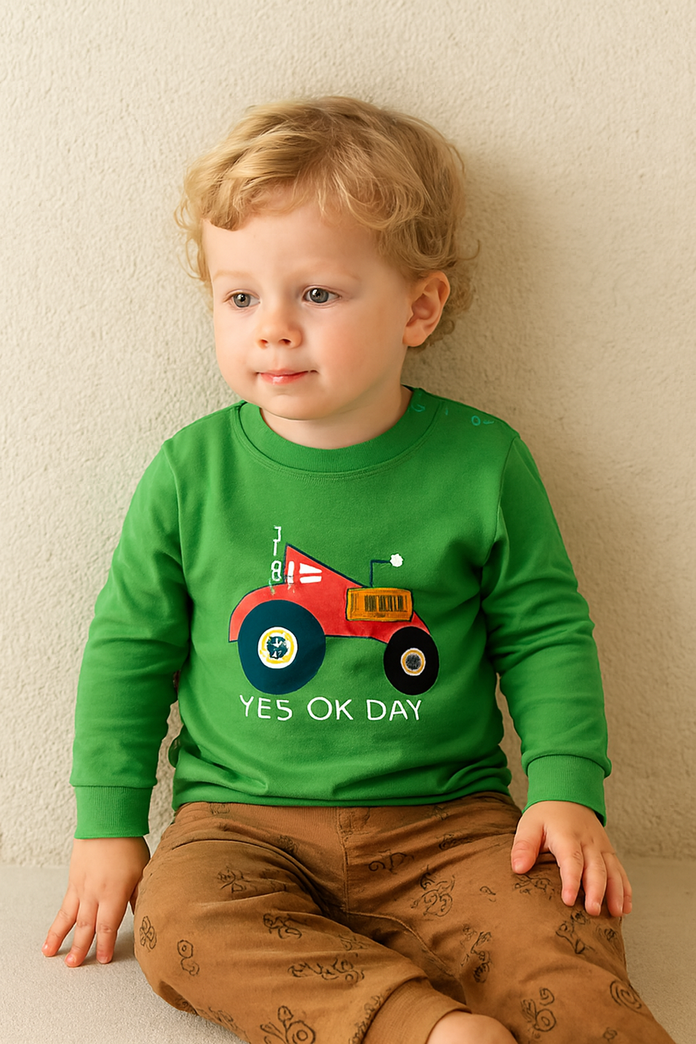 ! 100% Katoenen Jongensset met Tractorprint – Groen & Beige