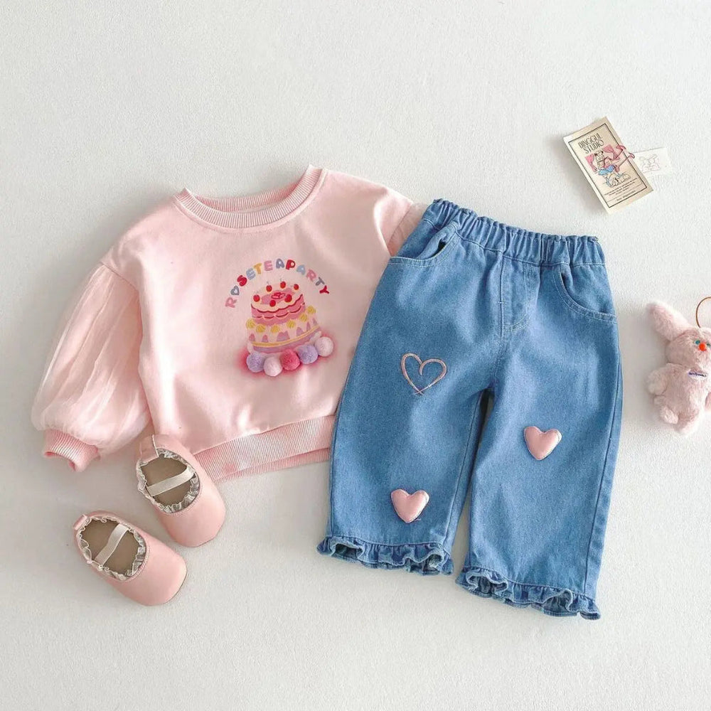 18 Girls' Denim Pants with Pink Hearts