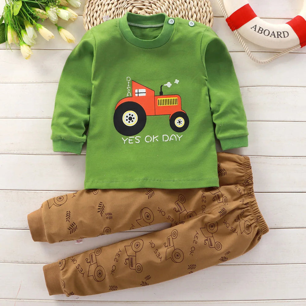 ! 100% Katoenen Jongensset met Tractorprint – Groen & Beige
